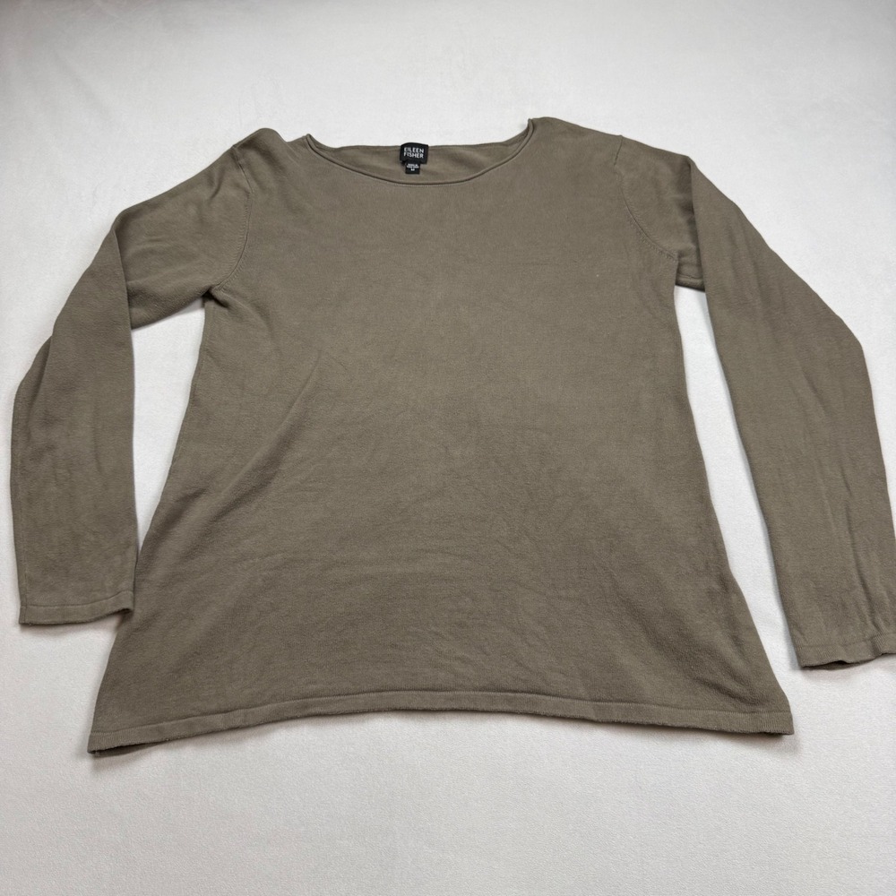 Eileen Fisher Womens Med Cotton Blend Long Sleeve Boat Neck Knit Top Olive Taupe
